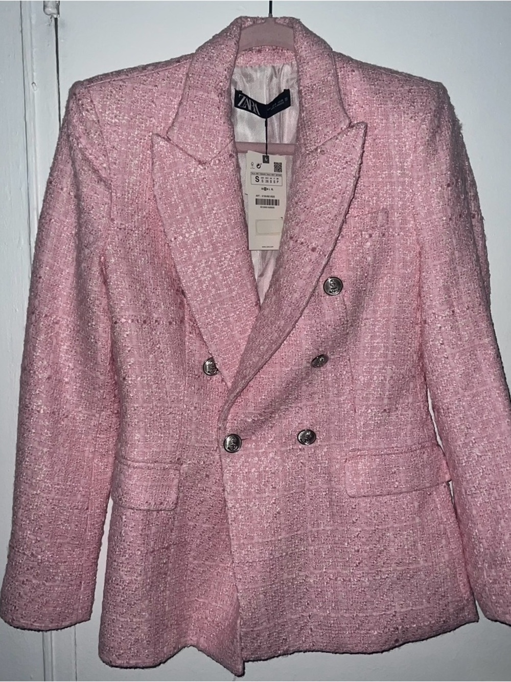 Zara Light Pink Tweed Double-Breasted Blazer